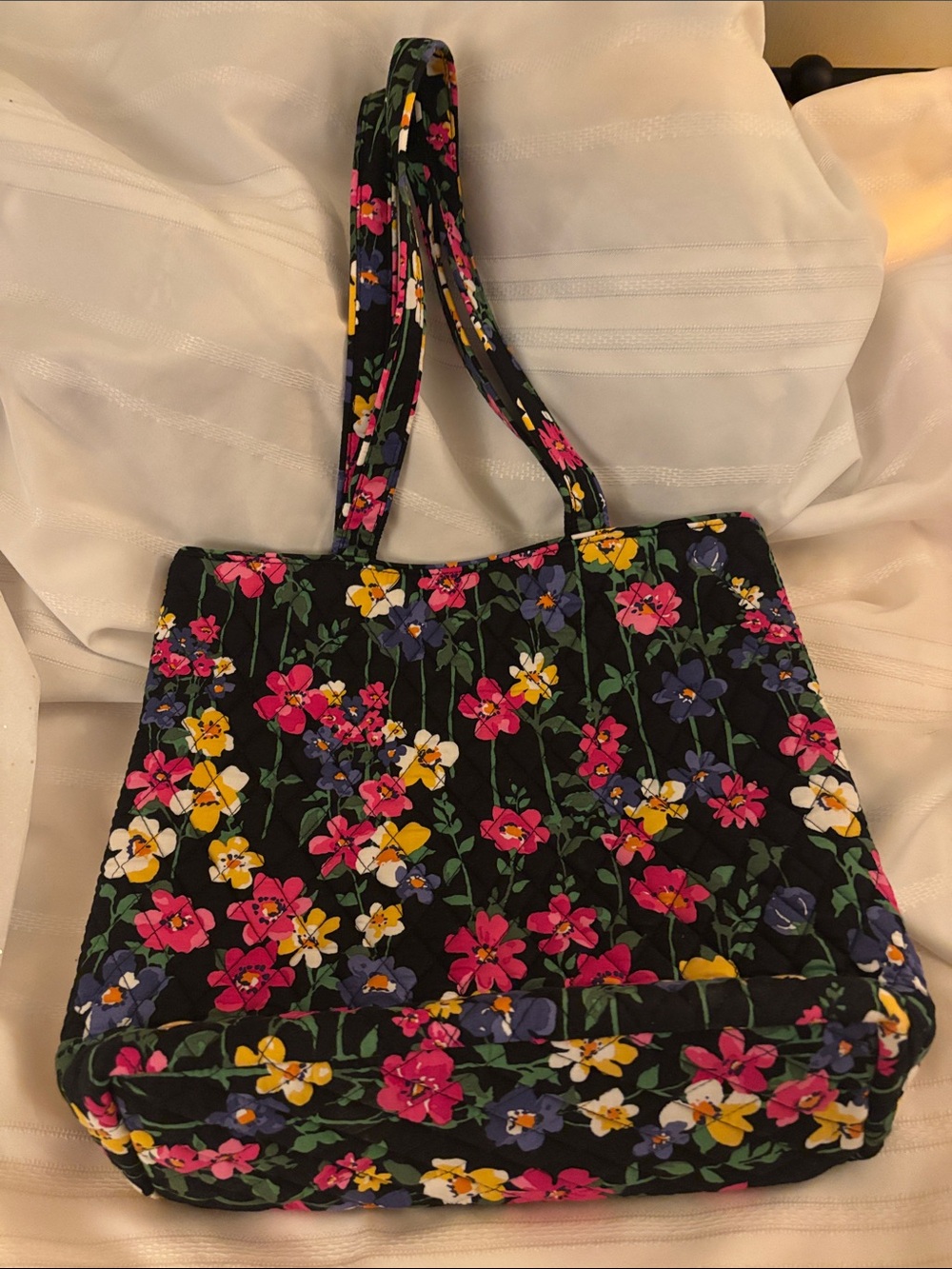 Vera Bradley Black Quilted Floral Tote with Pink Yellow & Blue Flowers